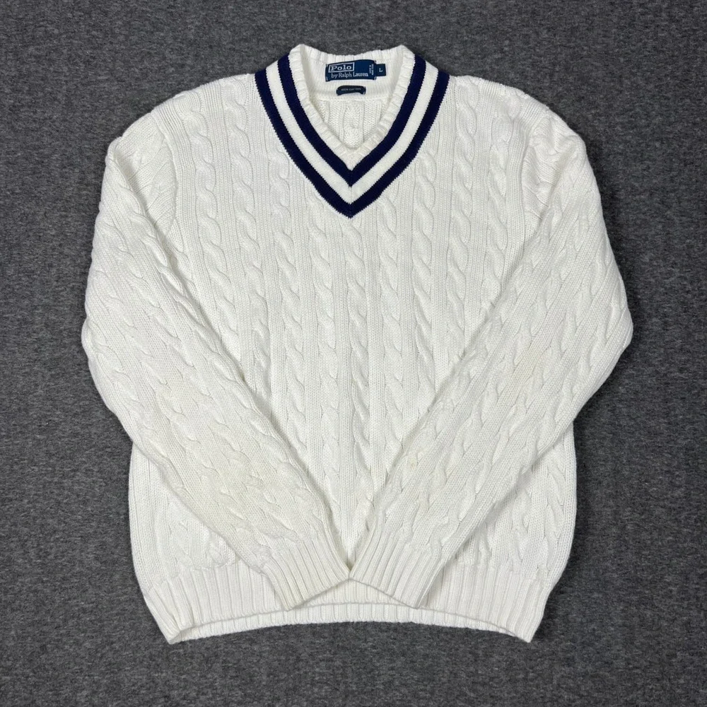 Vintage Polo Ralph Lauren Cable Knit Sweater Men's L White V-Neck Cricket Preppy